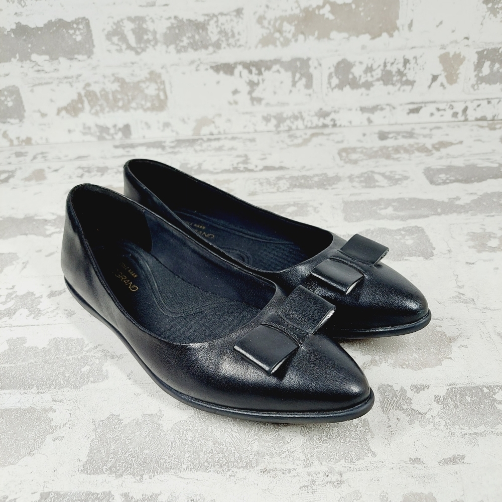 NEW Cole Haan Zerogrand Bow Skimmer Black Leather Slip On Pointy Toe Flats W593 - Picture 4 of 12